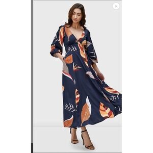 eshakti Wayward Fancies Deep Navy Leaf Print Crepe Banded Empire Dress XL 18
